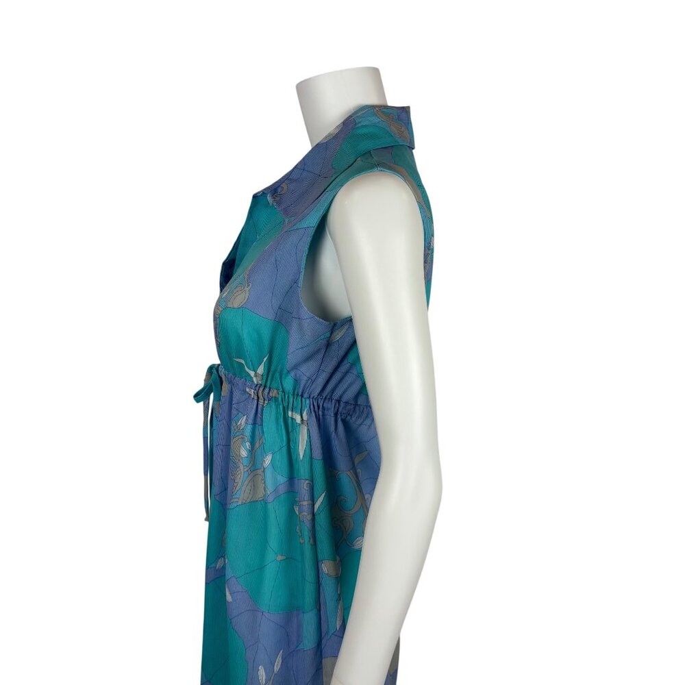 Vintage 70s Maxi Dress Womens Medium Trippy Aqua Lavender Tropical Empire Waist - Picture 9 of 13